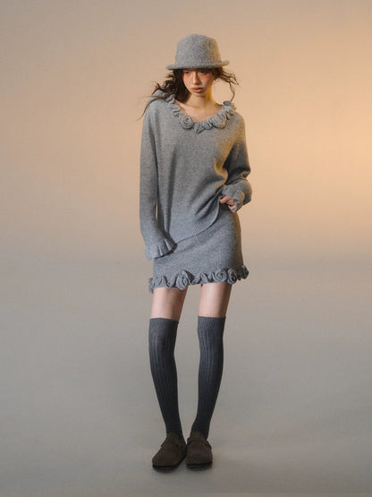 3D Rose V-Neck Knit Sweater &amp; A-Line Knit Skirt Set