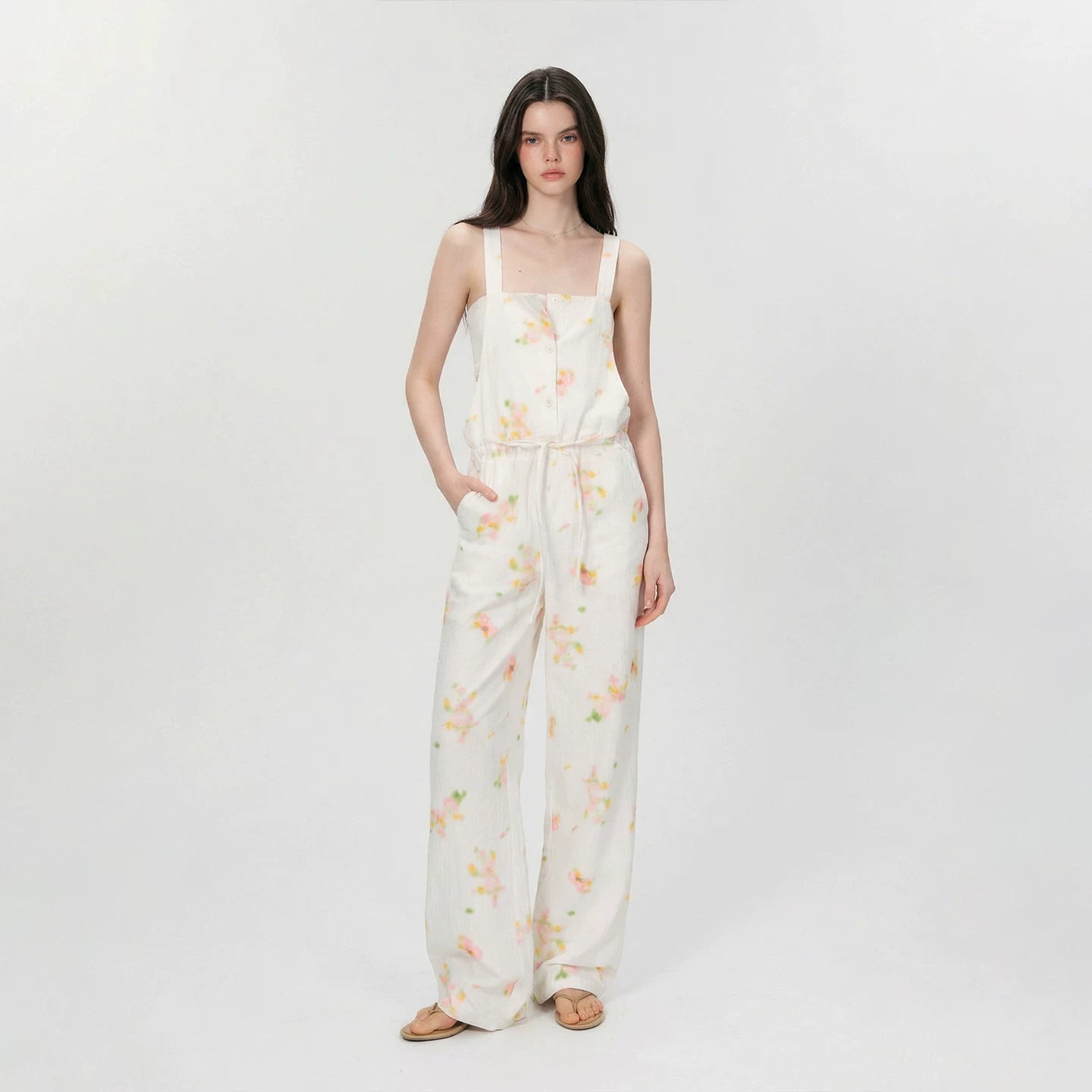 Vintage Soft-Blur Floral Backless Strap Jumpsuit