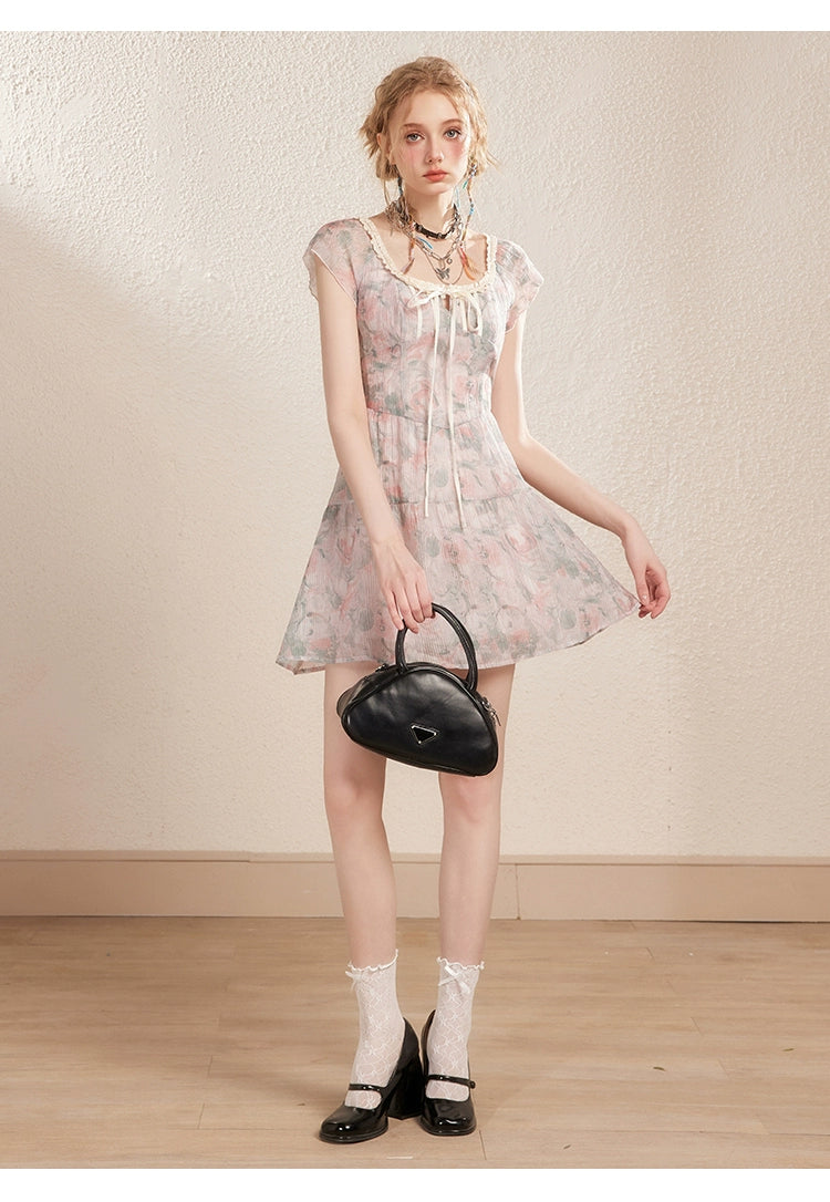 Pink Floral U-neck Lace Trim Dress