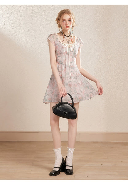 Pink Floral U-neck Lace Trim Dress