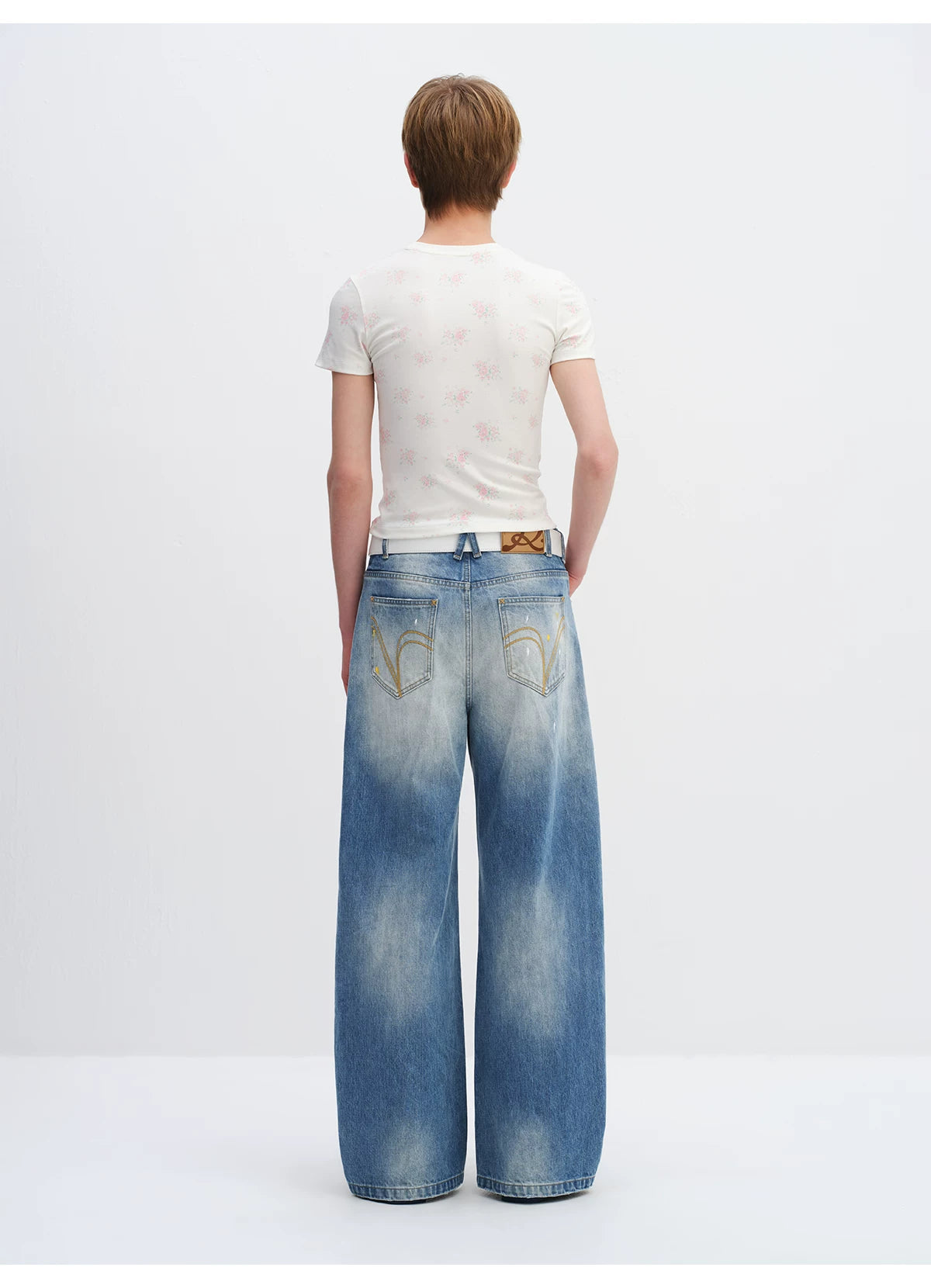 Washed Blue Curved-Leg Wide Denim Jeans