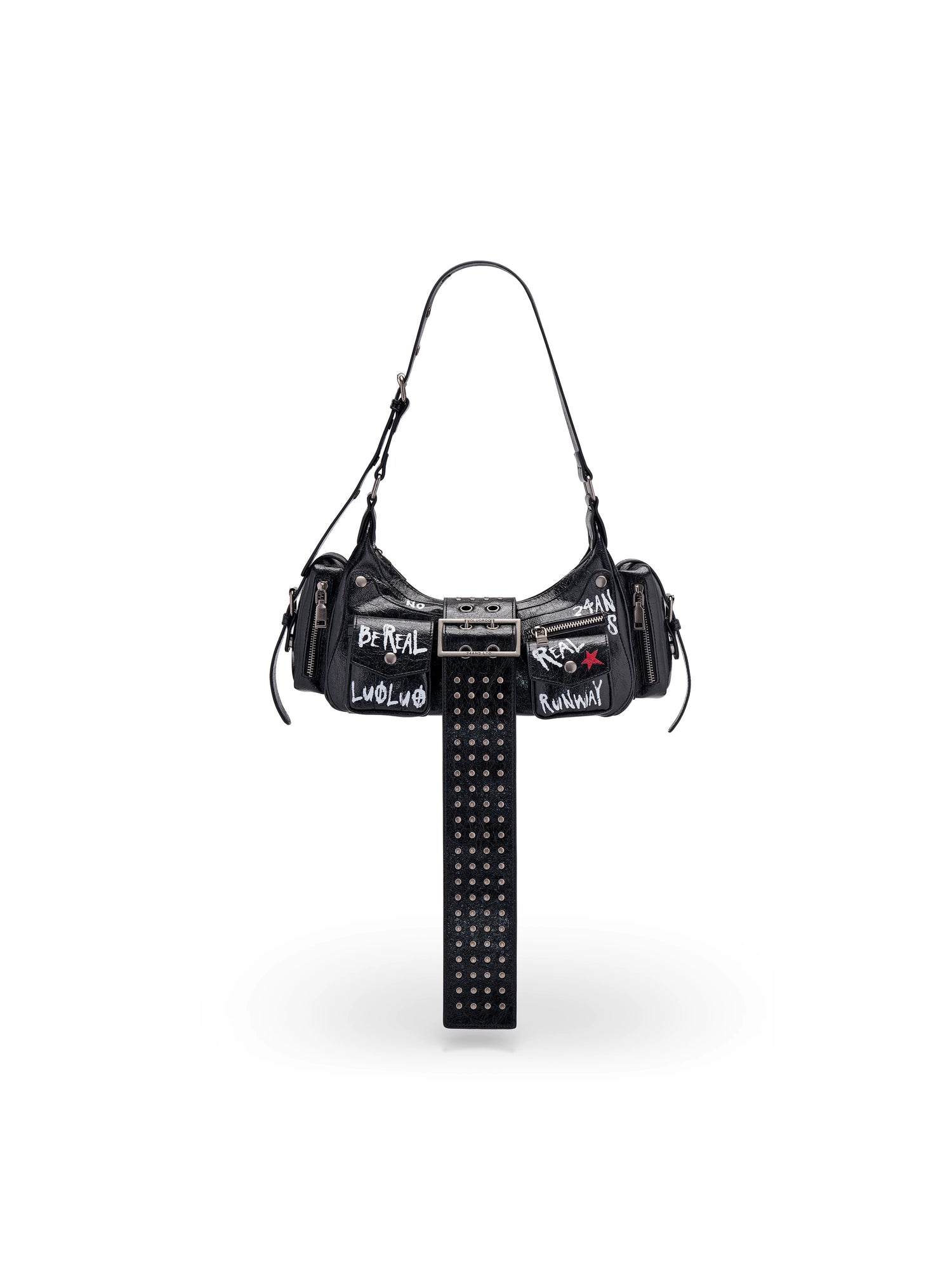 Graffiti-Print PU Cracked-Leather Bag