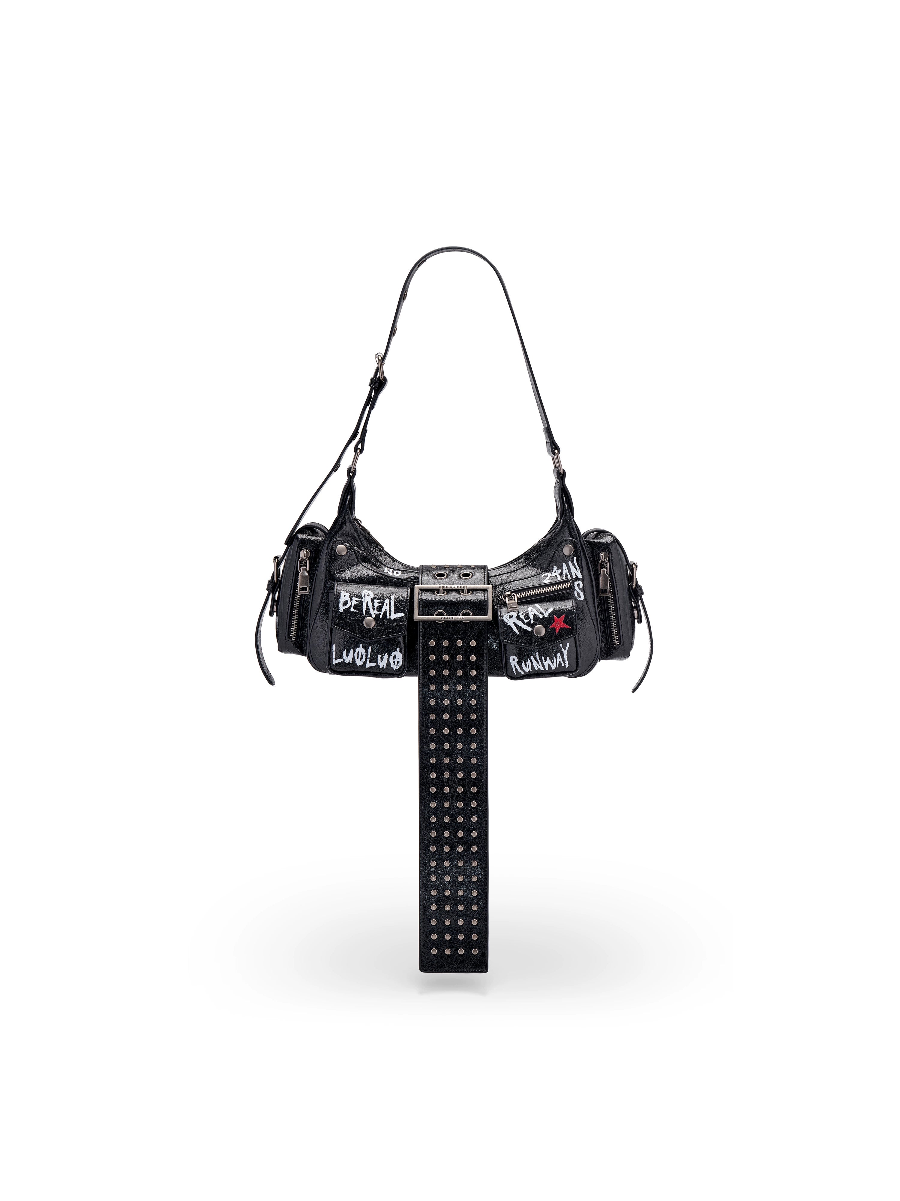 Graffiti-Print PU Cracked-Leather Bag