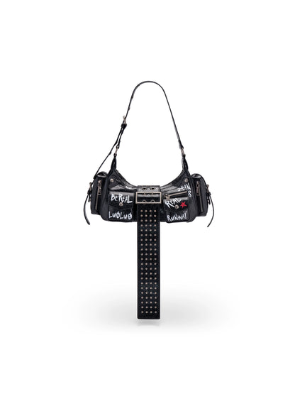 Graffiti-Print PU Cracked-Leather Bag