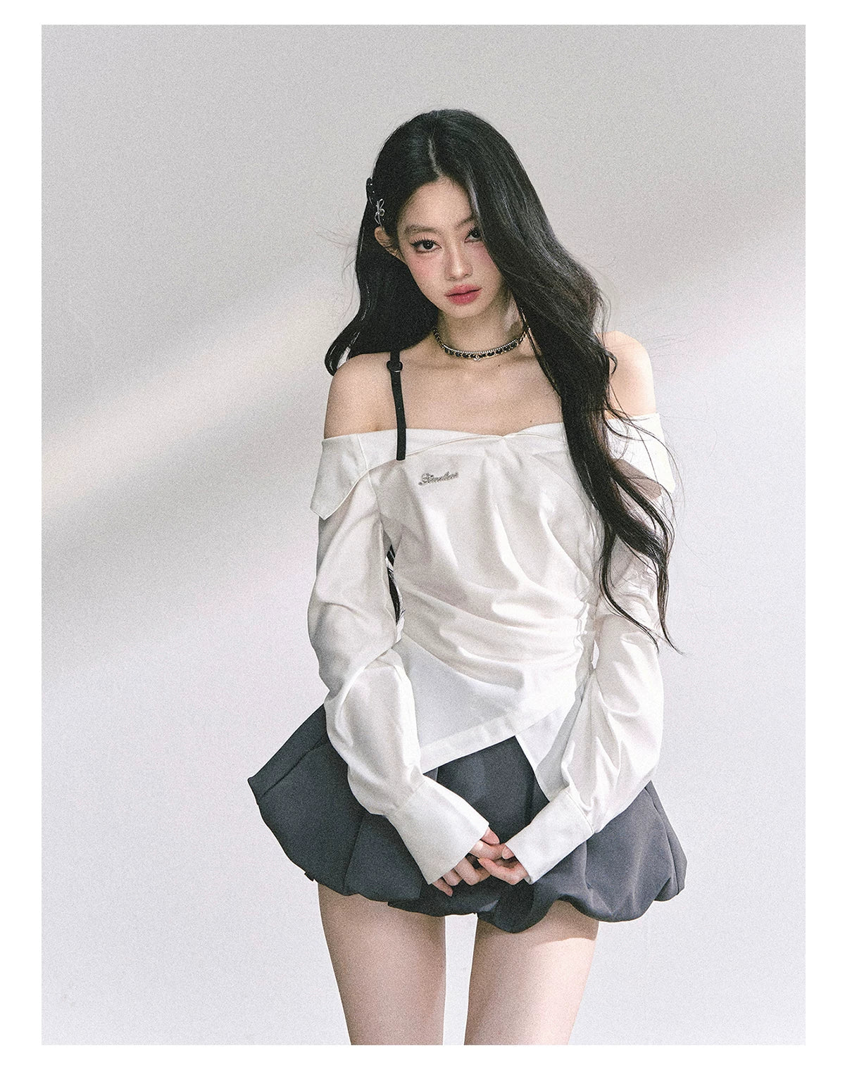 Off-Shoulder Plaid Long-Sleeve Shirt