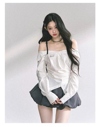 Off-Shoulder Plaid Long-Sleeve Shirt