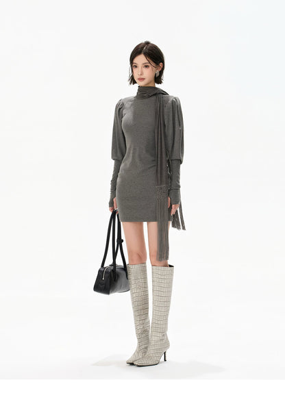 Minimalist Draped Turtleneck Knit Mini Dress with Tassel Ties