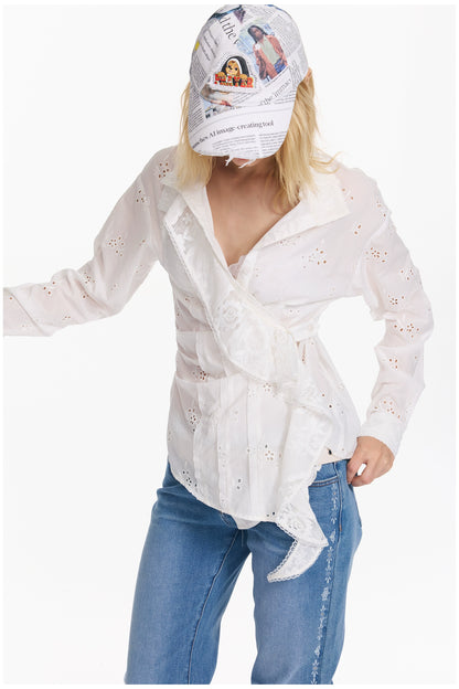 Embroidered Plaid Ruffle-Edge Shirt