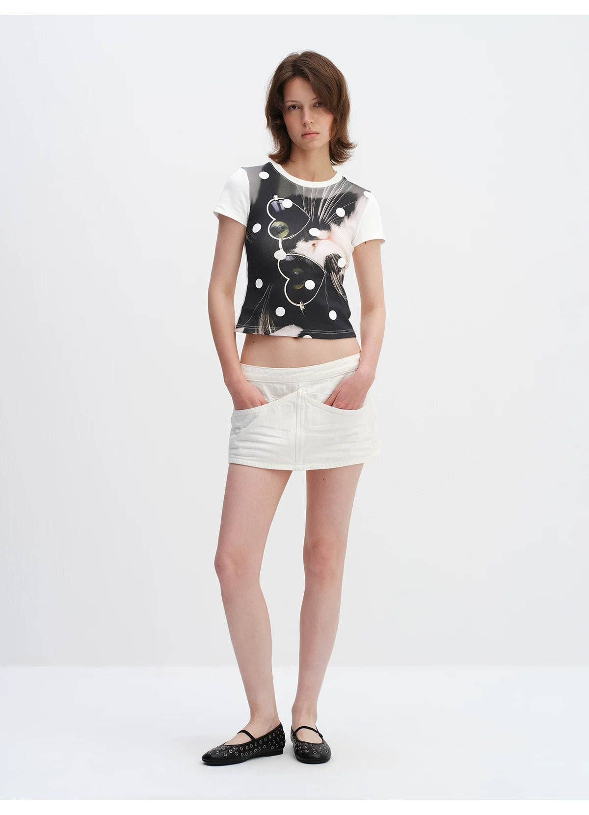 Playful Cat Polka Dot Cropped T-Shirt