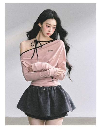 Off-Shoulder Halter Long-Sleeve T-Shirt