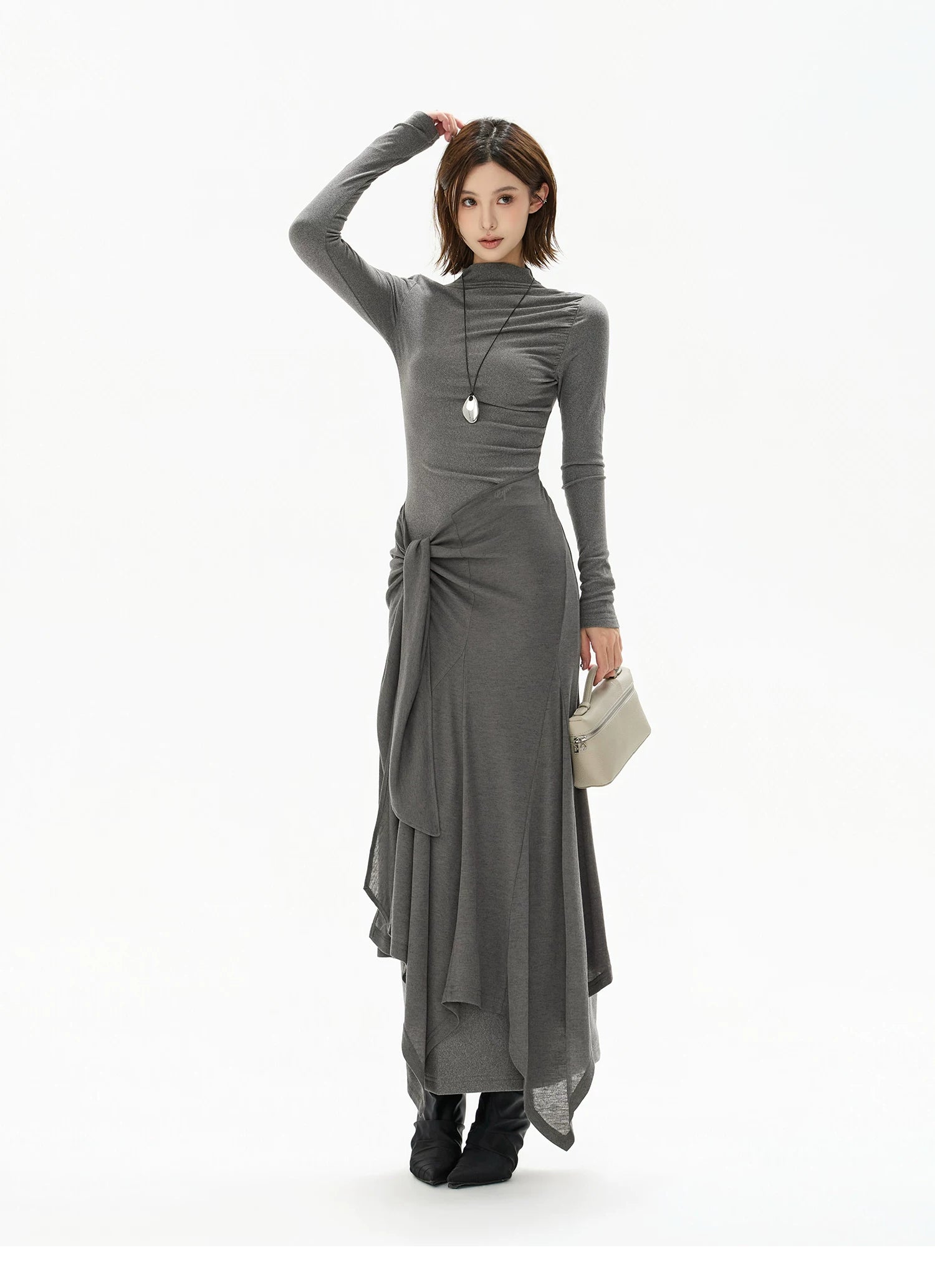 Half-High Neck Tie-Detail Knit Maxi Dress
