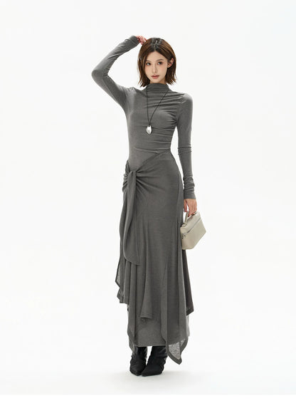 Half-High Neck Tie-Detail Knit Maxi Dress