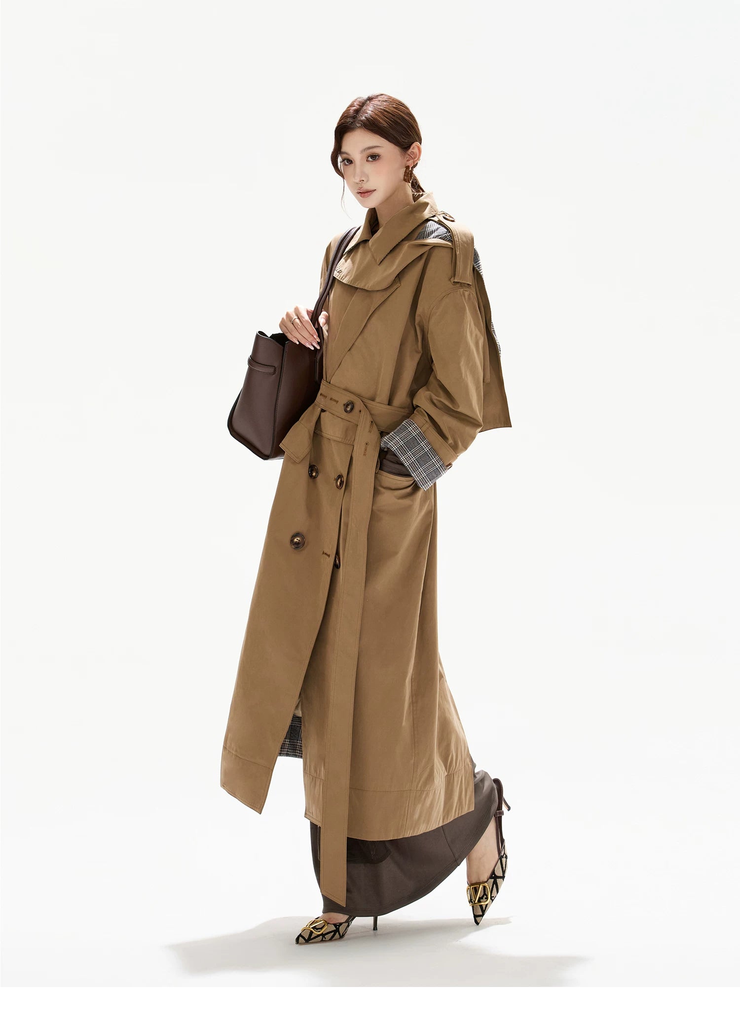 Double-Breasted Check-Panel Trench Coat