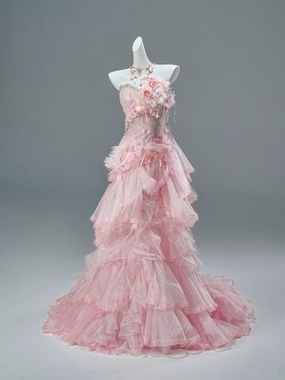 Blush Pink Haute Couture Tiered Tulle Gown
