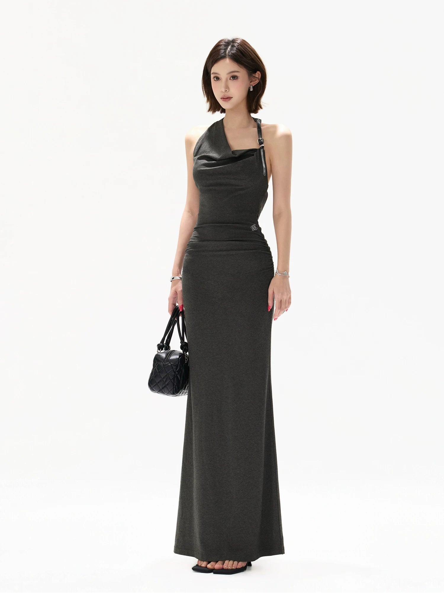 Elegant Draped Halter Knit Maxi Dress