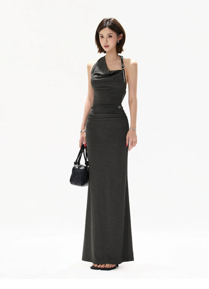 Elegant Draped Halter Knit Maxi Dress