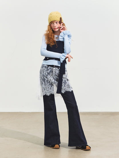 Contrast-Tie Layered Crewneck Knit Sweater