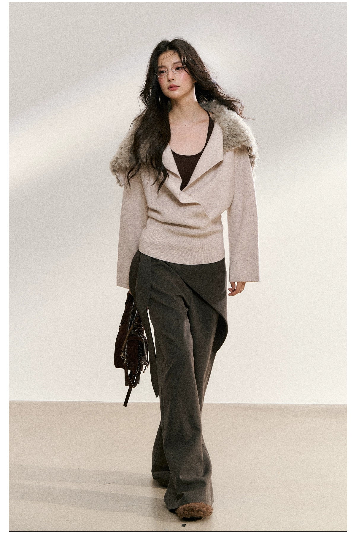 Faux Fur Collar Wrap Knit Cardigan