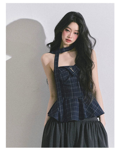 “Blue Rhythm” Plaid Corset Peplum Tube Top