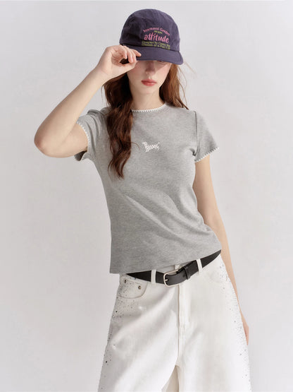 Contrast Trim Polka-Dot Dog Fitted T-Shirt