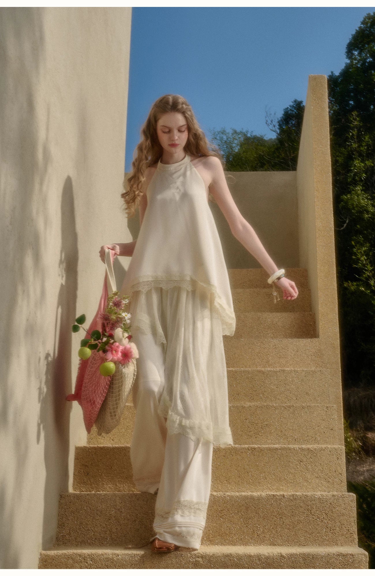 Pearl Gold Satin Lace Three-Piece Set