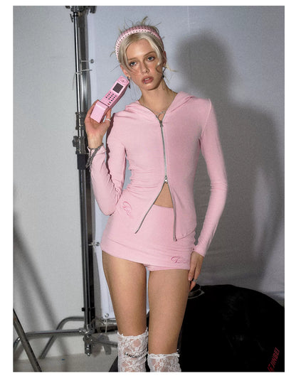 Knit Hoodie Jacket &amp; Skirt-Shorts Set