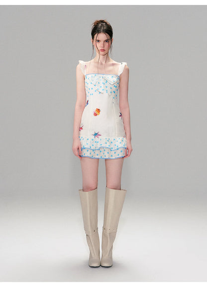 Vintage Contrast Print Flutter Strap Mini Dress