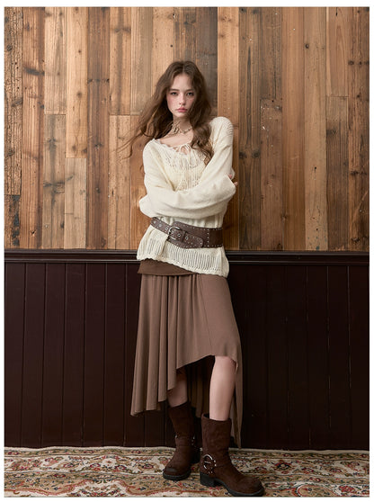 Lace Trim V-Neck Wool Blend Knit Sweater