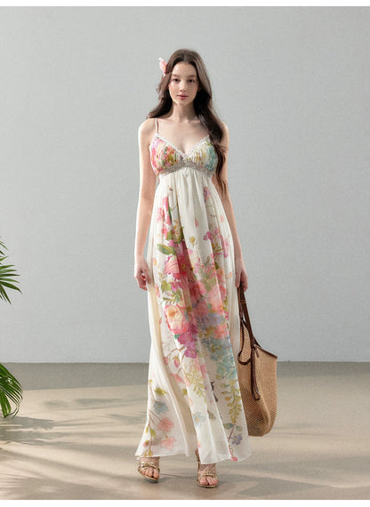Blooming Vine Floral Chiffon Slip Maxi Dress
