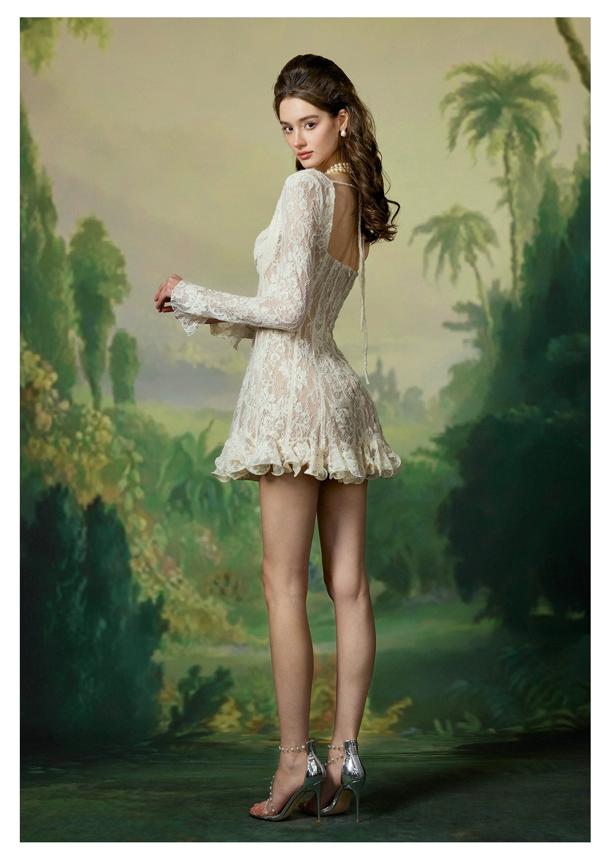 Lace Cinched Waist Long Sleeve Dress - CHINASQUAD