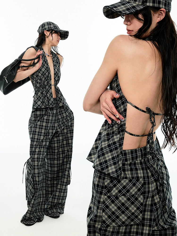 Gradient Plaid Halter Neck Backless Tank Top - CHINASQUAD