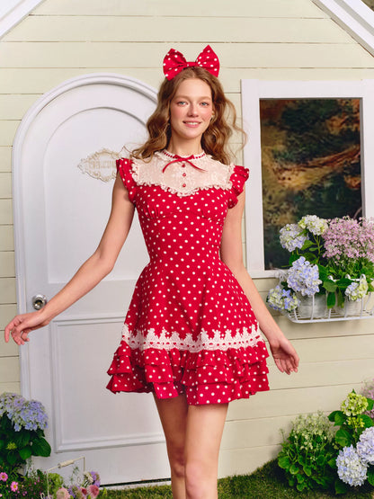Red Sweet Collegiate Polka Dot Lace Dress