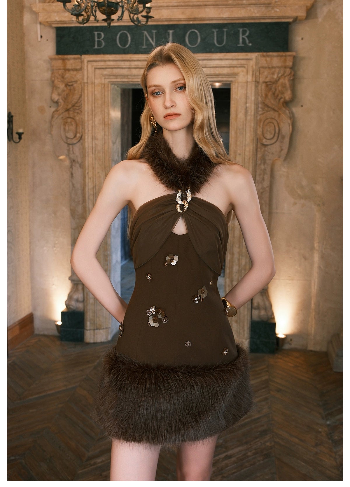 Vixen Faux Fur Halter Floral Dress Set