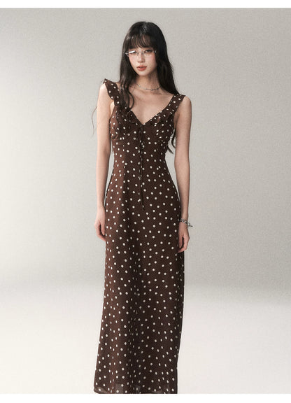 Chocolate Polka Dot French Slim-Fit Slip Maxi Dress