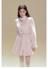 Pink Wool Lace Trim Waist Belted Coat - CHINASQUAD