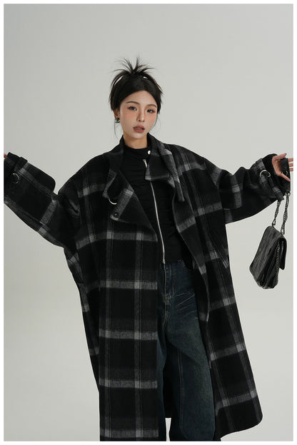 Plaid Stand-Collar Double-Faced Wool Coat