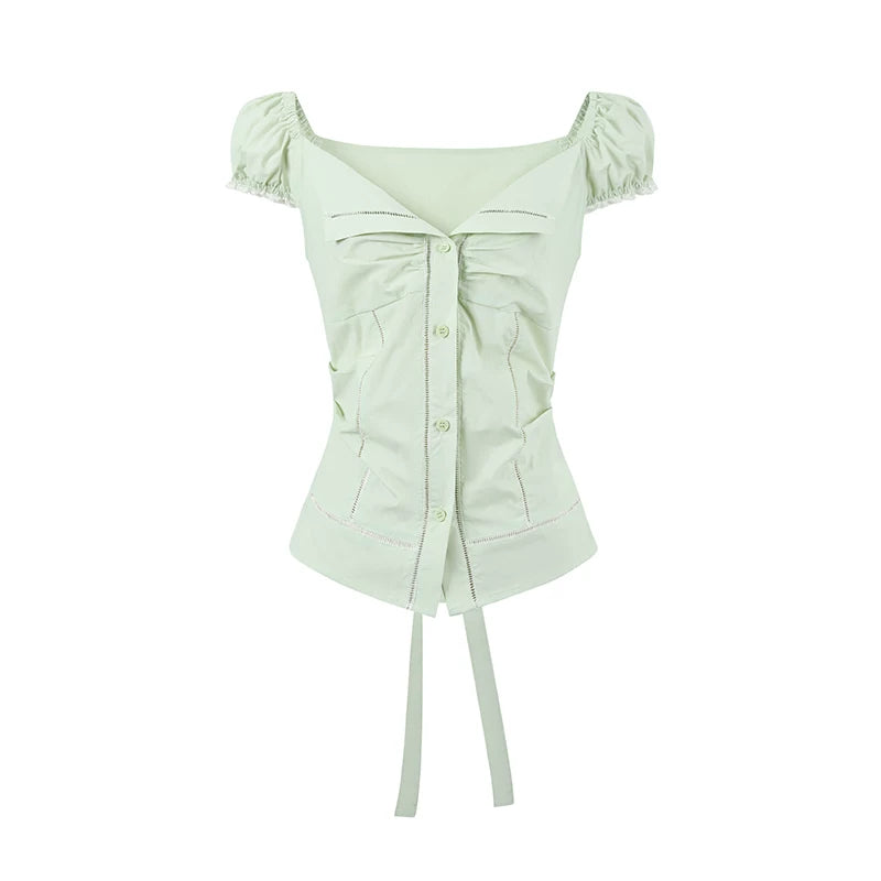 Polka Dot Lace Tie Waist Blouse