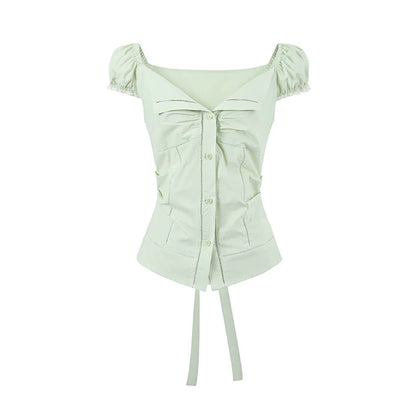 Polka Dot Lace Tie Waist Blouse
