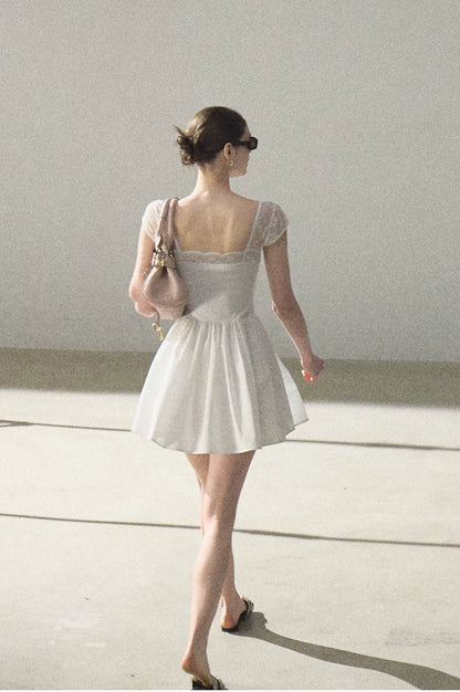 Lace-Spliced Cinched-Waist Vacation Camisole Dress