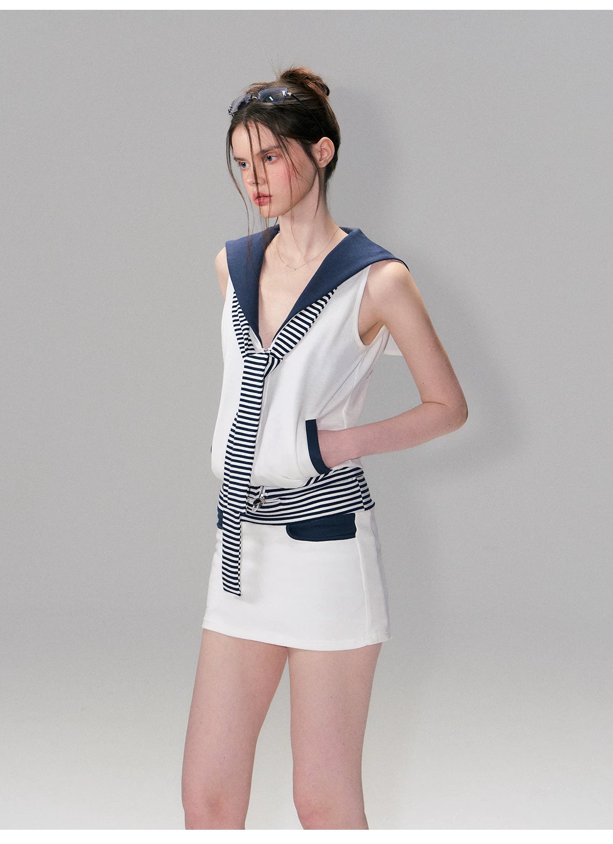 Color-Block Nautical Sailor Collar Sleeveless Top