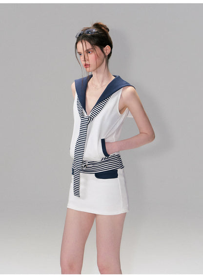 Color-Block Nautical Sailor Collar Sleeveless Top
