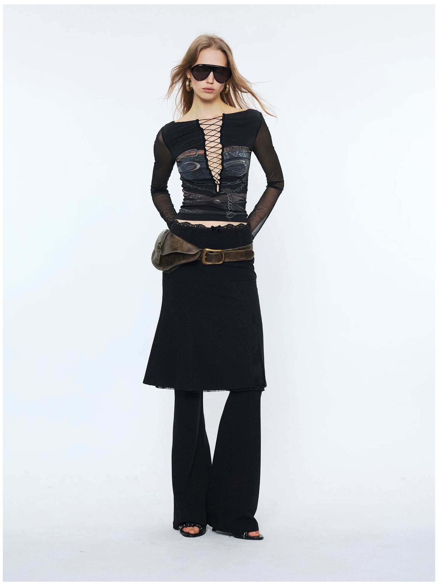 Original Print Mesh Patchwork Tie-Up Base Layer Top