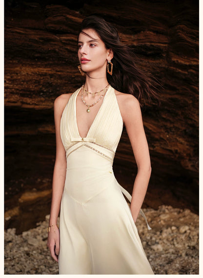 Halter V-Neck Cut-Out Printed Maxi Dress