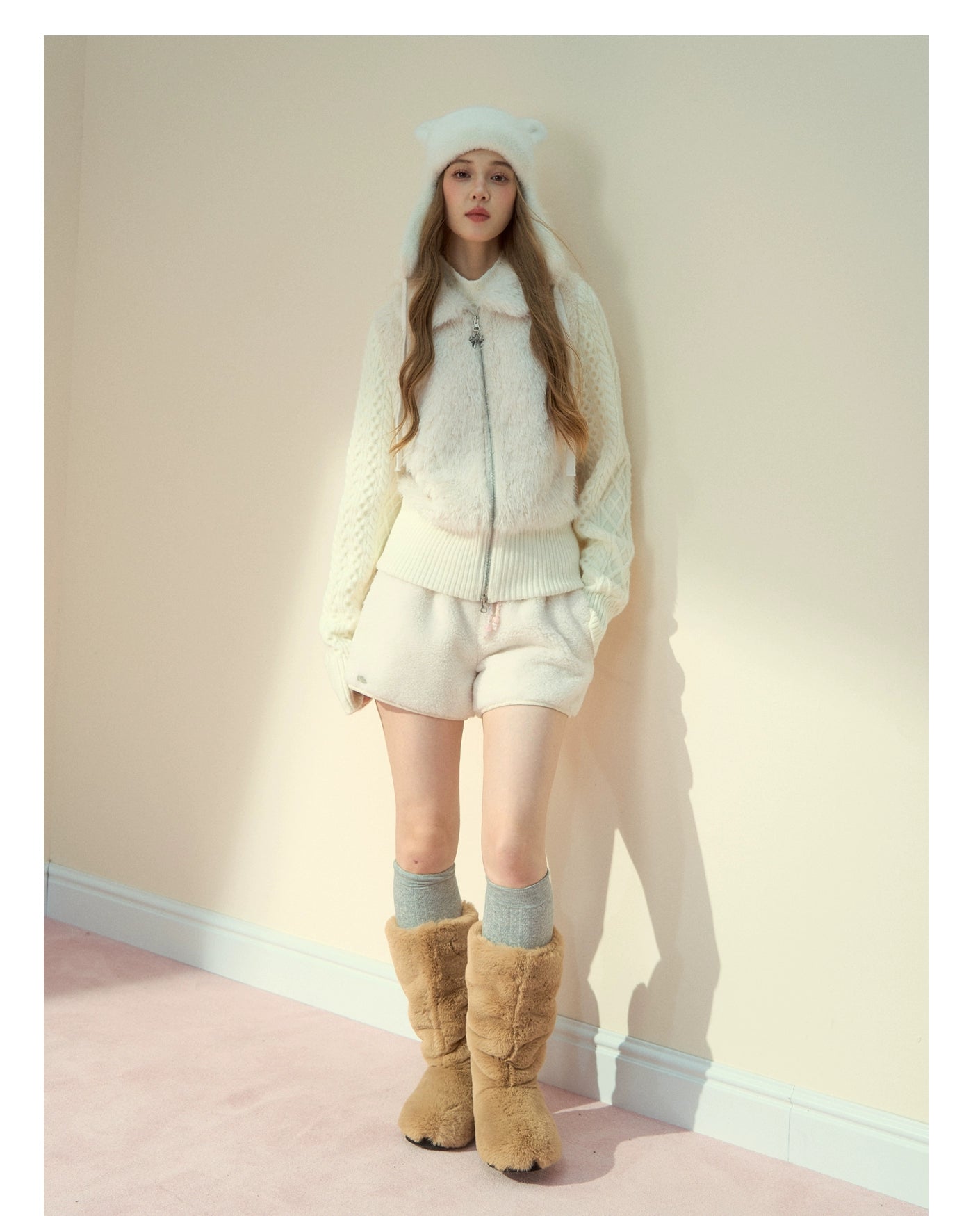 Snowland Lover Faux Fur Knit Panel Jacket