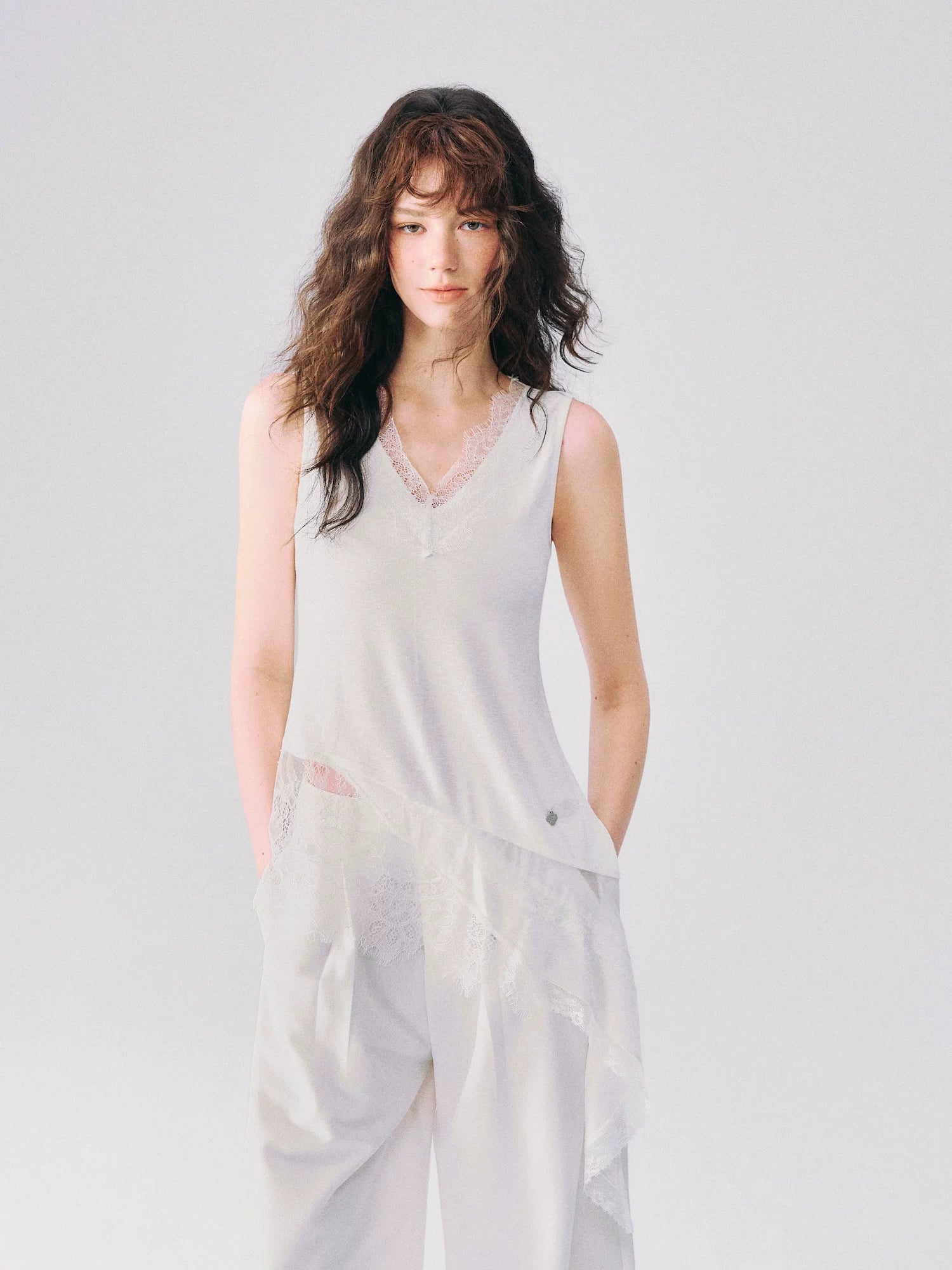 Asymmetrical Lace V-Neck Sleeveless Top