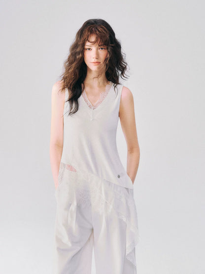 Asymmetrical Lace V-Neck Sleeveless Top