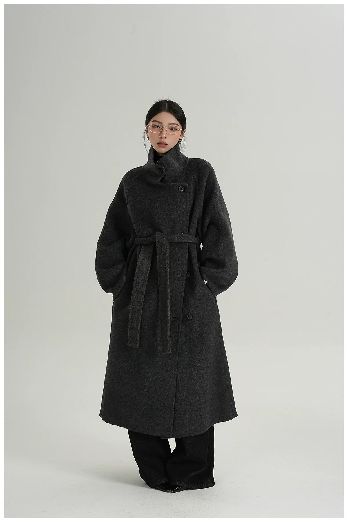 Stand-Collar Long Wool Double-Faced Coat