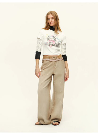 Washed Wide-Leg Denim Pants