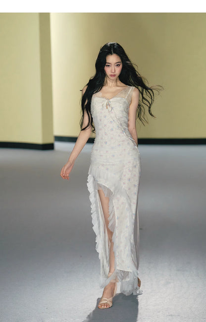 Romantic Floral Mesh Slip Maxi Dress
