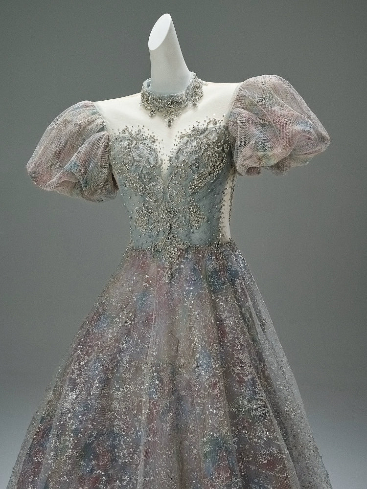 Light Drift Floral Tulle Gown with Puff Sleeves